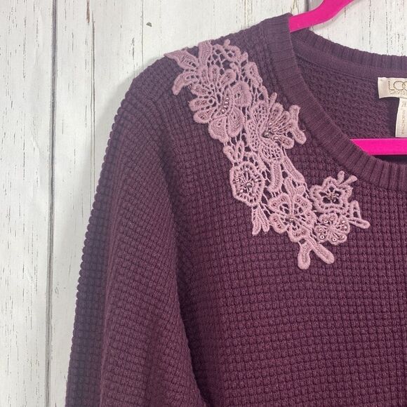 Logo by Lori Goldstein Waffle Knit Sweater Tunic Purple Lace Chiffon Hem Cottage - Picture 2 of 11